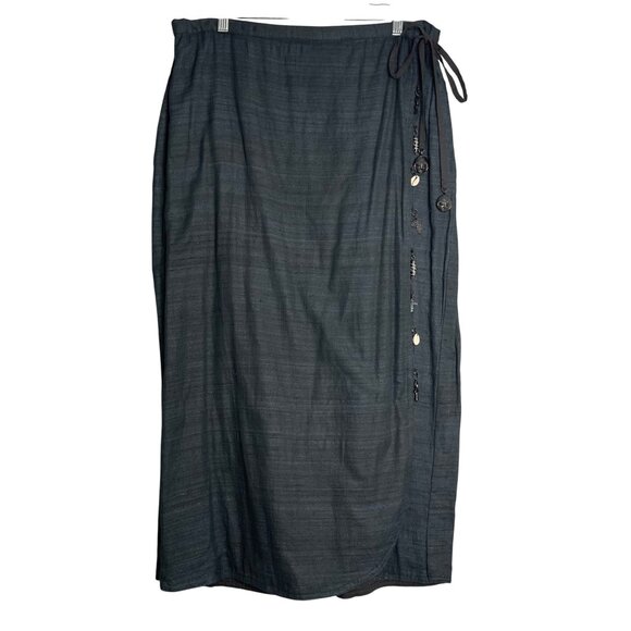 Ashro Silk Cotton True Wrap Midi Skirt Womens XL Black African Beaded Charms‎ - Picture 1 of 12